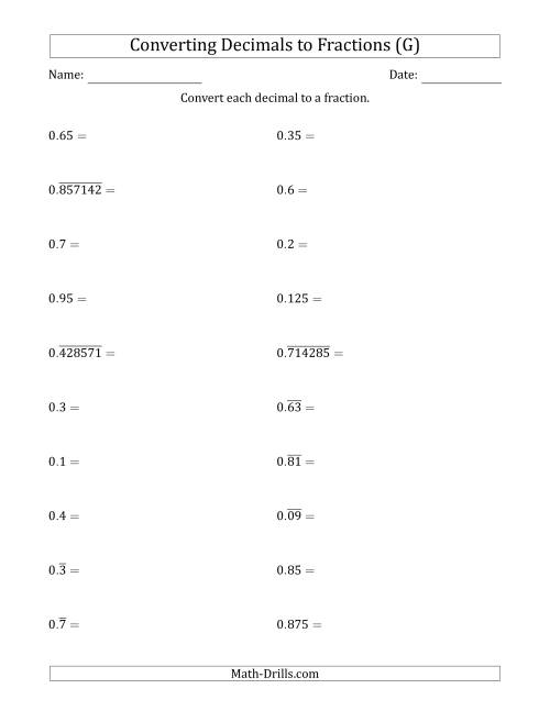 The Converting Terminating and Repeating Decimals to Fractions (G) Math Worksheet