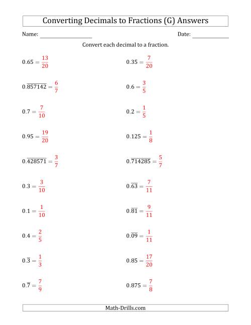 The Converting Terminating and Repeating Decimals to Fractions (G) Math Worksheet Page 2