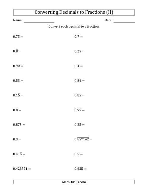 The Converting Terminating and Repeating Decimals to Fractions (H) Math Worksheet