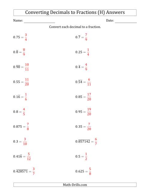 The Converting Terminating and Repeating Decimals to Fractions (H) Math Worksheet Page 2