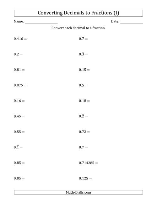 The Converting Terminating and Repeating Decimals to Fractions (I) Math Worksheet