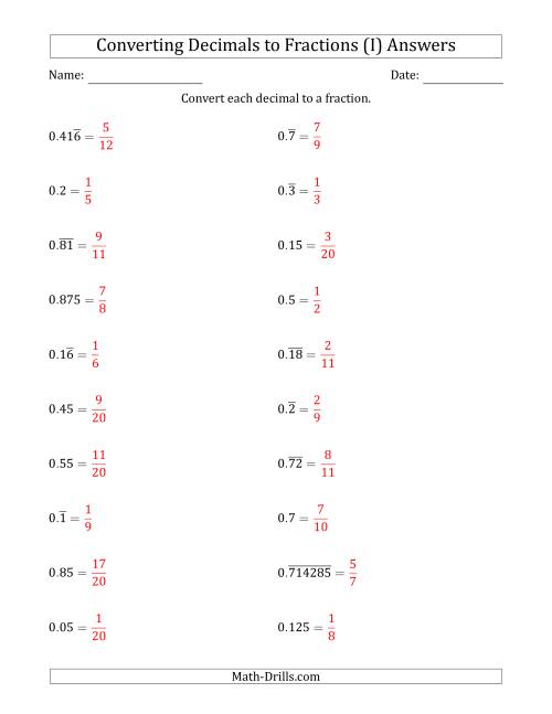 The Converting Terminating and Repeating Decimals to Fractions (I) Math Worksheet Page 2