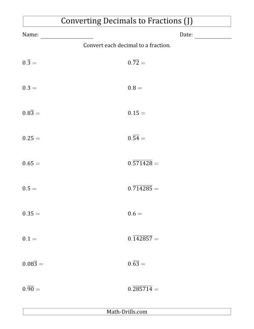 The Converting Terminating and Repeating Decimals to Fractions (J) Math Worksheet