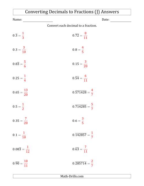 The Converting Terminating and Repeating Decimals to Fractions (J) Math Worksheet Page 2