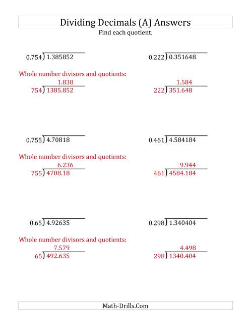 The Dividing Decimals by 3-Digit Thousandths with Larger Quotients (A) Math Worksheet Page 2