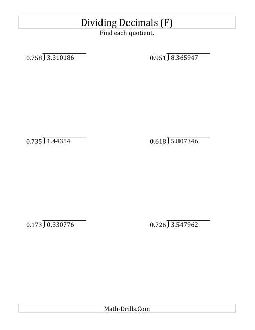 The Dividing Decimals by 3-Digit Thousandths with Larger Quotients (F) Math Worksheet