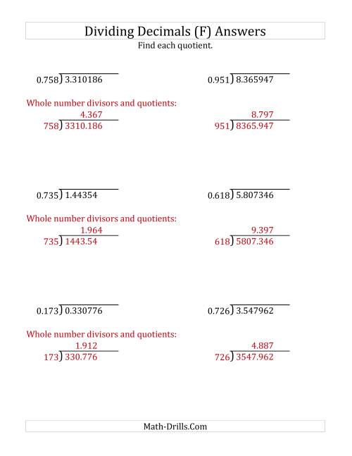 The Dividing Decimals by 3-Digit Thousandths with Larger Quotients (F) Math Worksheet Page 2