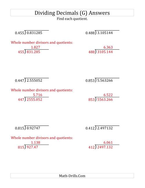 The Dividing Decimals by 3-Digit Thousandths with Larger Quotients (G) Math Worksheet Page 2