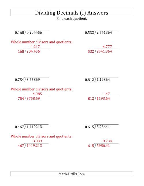 The Dividing Decimals by 3-Digit Thousandths with Larger Quotients (I) Math Worksheet Page 2