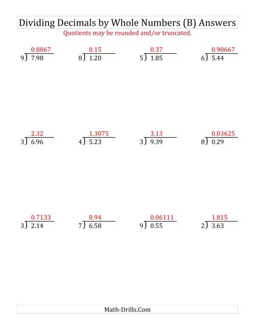 The Dividing Hundredths by a Whole Number (B) Math Worksheet Page 2
