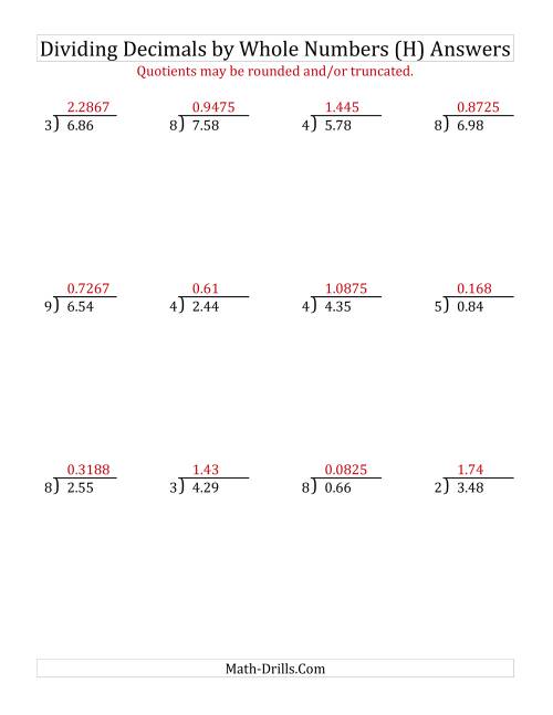 The Dividing Hundredths by a Whole Number (H) Math Worksheet Page 2