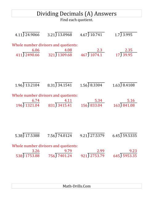The Dividing Decimals by 3-Digit Hundredths (A) Math Worksheet Page 2