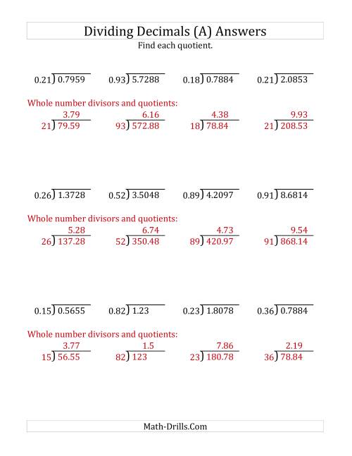 The Dividing Decimals by 2-Digit Hundredths with Larger Quotients (A) Math Worksheet Page 2
