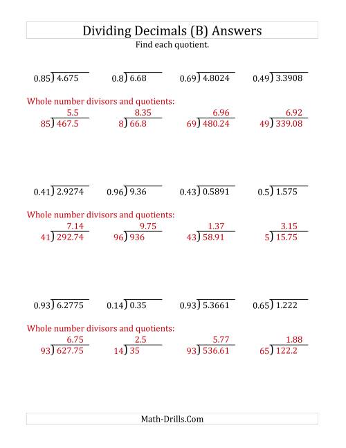 The Dividing Decimals by 2-Digit Hundredths with Larger Quotients (B) Math Worksheet Page 2