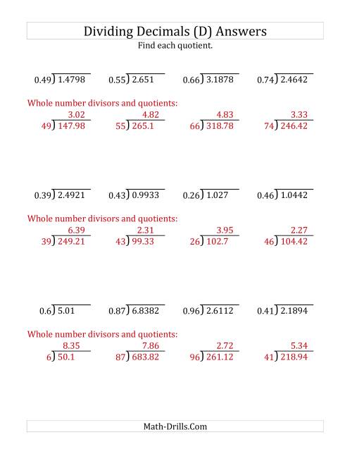 The Dividing Decimals by 2-Digit Hundredths with Larger Quotients (D) Math Worksheet Page 2