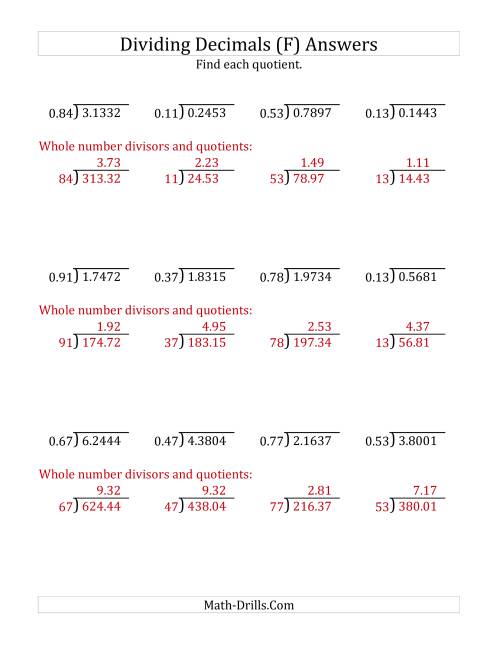 The Dividing Decimals by 2-Digit Hundredths with Larger Quotients (F) Math Worksheet Page 2