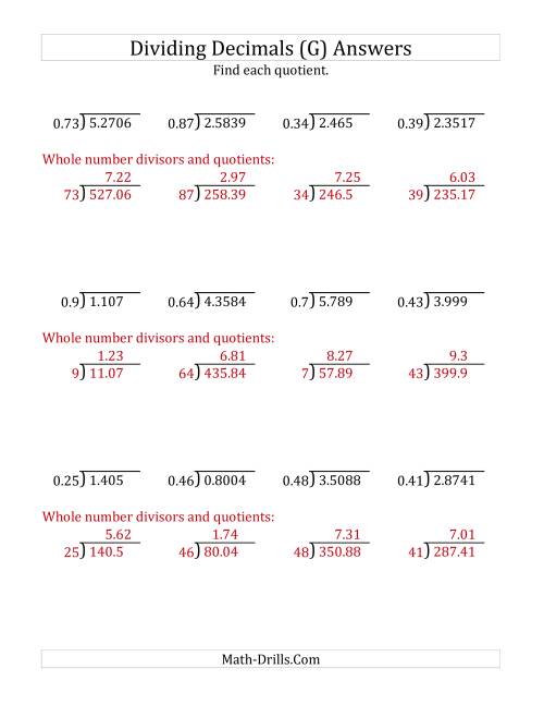 The Dividing Decimals by 2-Digit Hundredths with Larger Quotients (G) Math Worksheet Page 2