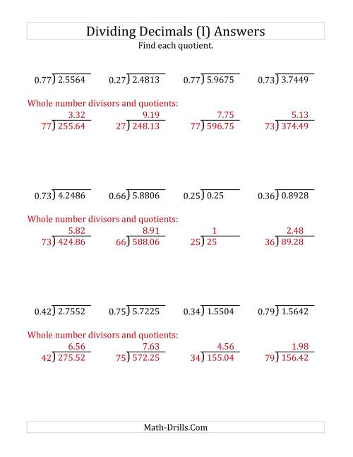 The Dividing Decimals by 2-Digit Hundredths with Larger Quotients (I) Math Worksheet Page 2