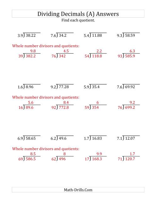 The Dividing Decimals by 2-Digit Tenths (A) Math Worksheet Page 2