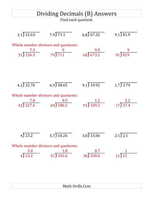 The Dividing Decimals by 2-Digit Tenths (B) Math Worksheet Page 2