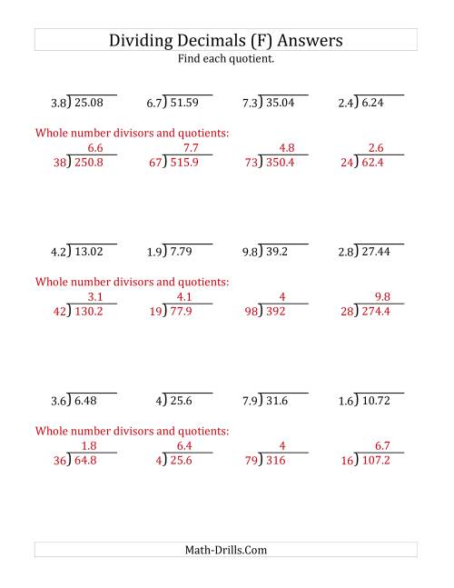 The Dividing Decimals by 2-Digit Tenths (F) Math Worksheet Page 2