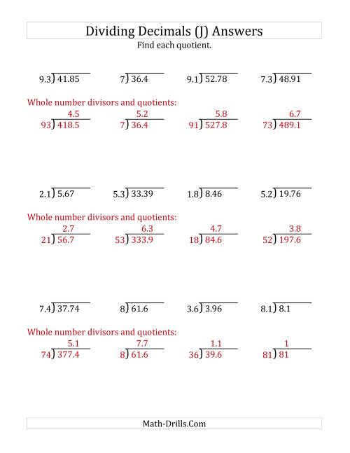 The Dividing Decimals by 2-Digit Tenths (J) Math Worksheet Page 2