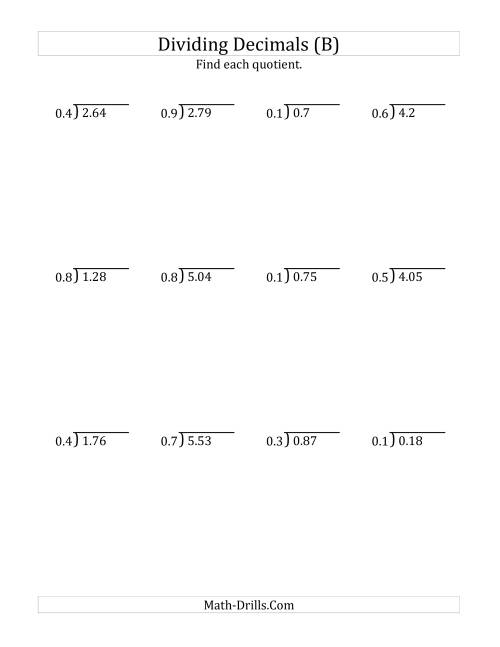 The Dividing Decimals by 1-Digit Tenths with Larger Quotients (B) Math Worksheet