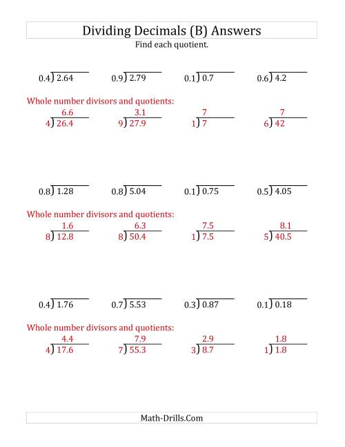 The Dividing Decimals by 1-Digit Tenths with Larger Quotients (B) Math Worksheet Page 2
