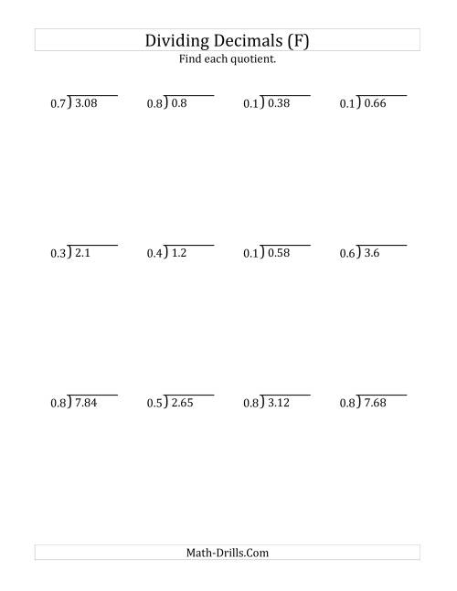 The Dividing Decimals by 1-Digit Tenths with Larger Quotients (F) Math Worksheet
