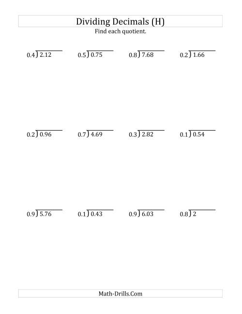 The Dividing Decimals by 1-Digit Tenths with Larger Quotients (H) Math Worksheet