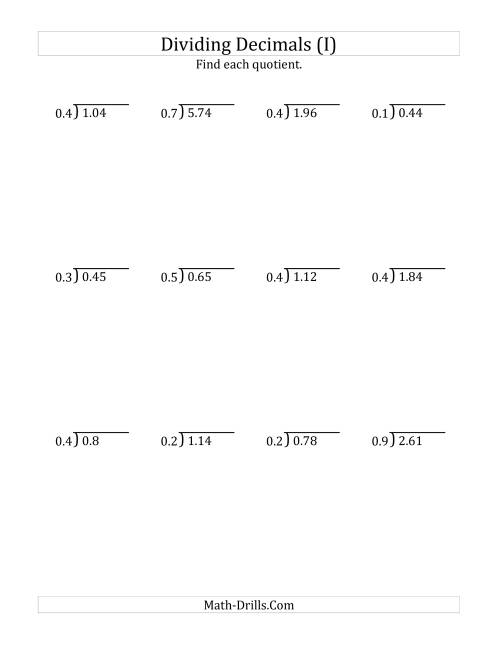 The Dividing Decimals by 1-Digit Tenths with Larger Quotients (I) Math Worksheet