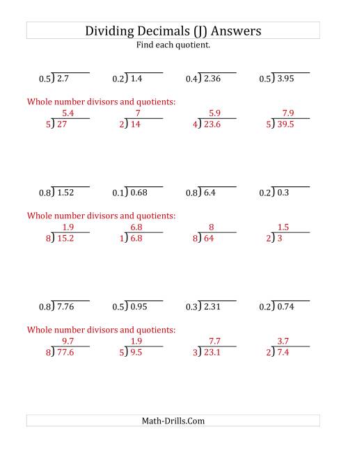 The Dividing Decimals by 1-Digit Tenths with Larger Quotients (J) Math Worksheet Page 2