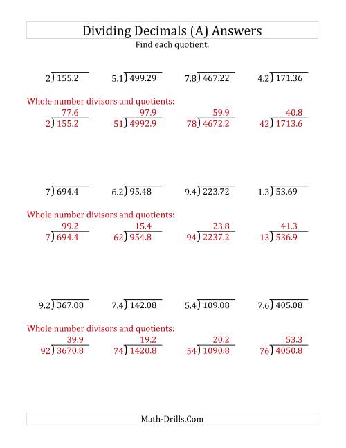 The Dividing Decimals by 2-Digit Tenths with Larger Quotients (A) Math Worksheet Page 2