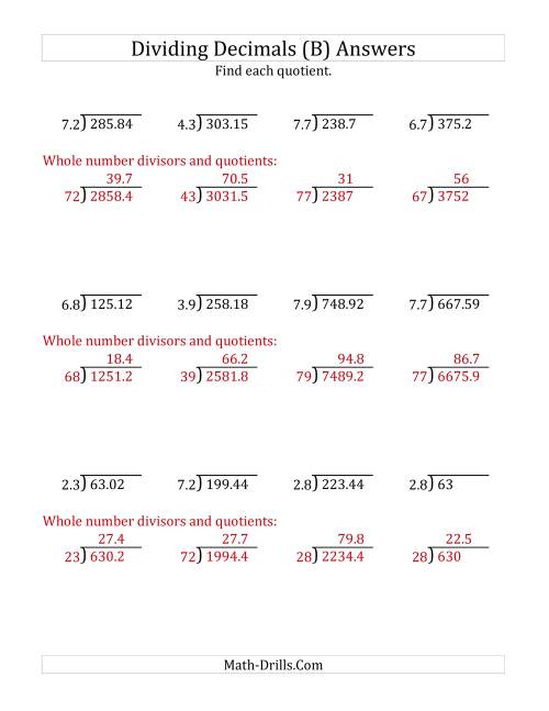 The Dividing Decimals by 2-Digit Tenths with Larger Quotients (B) Math Worksheet Page 2