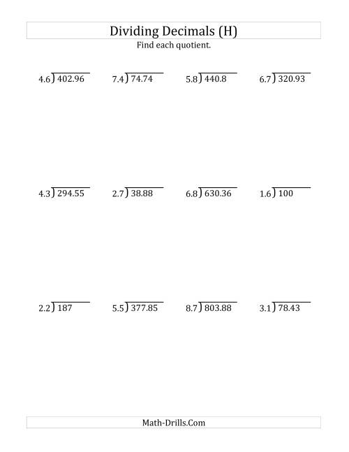 The Dividing Decimals by 2-Digit Tenths with Larger Quotients (H) Math Worksheet