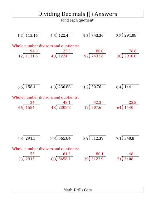 The Dividing Decimals by 2-Digit Tenths with Larger Quotients (J) Math Worksheet Page 2
