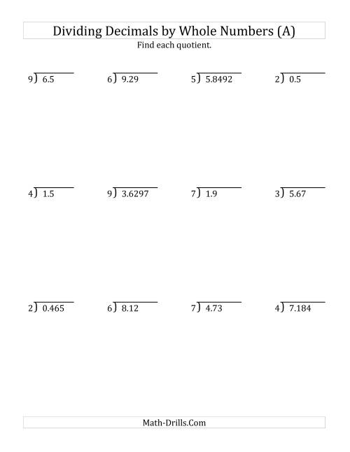 The Dividing Various Decimal Places by a Whole Number (A) Math Worksheet