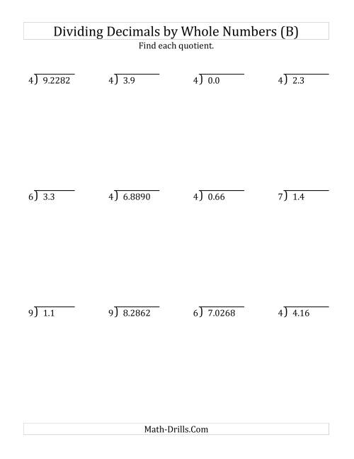 The Dividing Various Decimal Places by a Whole Number (B) Math Worksheet