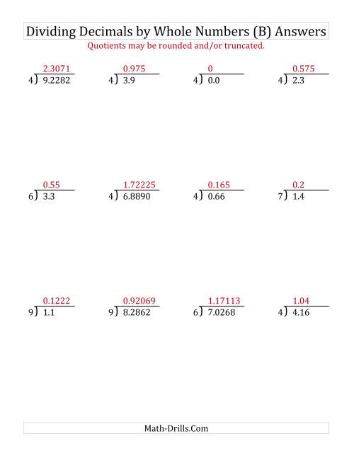 The Dividing Various Decimal Places by a Whole Number (B) Math Worksheet Page 2