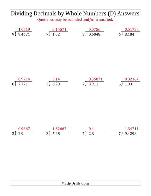 The Dividing Various Decimal Places by a Whole Number (D) Math Worksheet Page 2