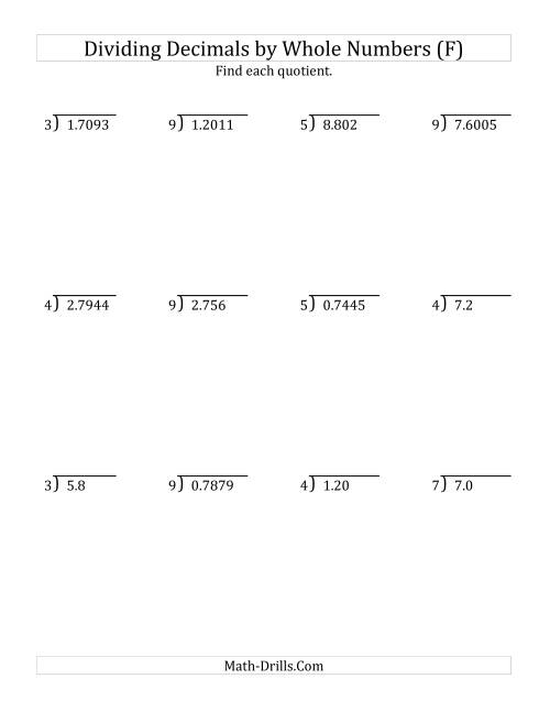 The Dividing Various Decimal Places by a Whole Number (F) Math Worksheet
