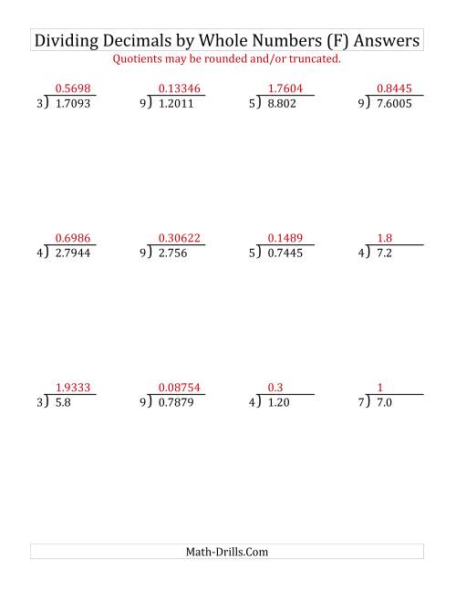 The Dividing Various Decimal Places by a Whole Number (F) Math Worksheet Page 2