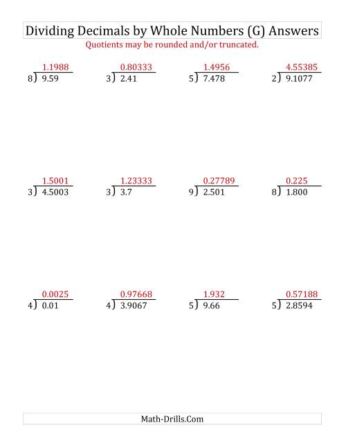 The Dividing Various Decimal Places by a Whole Number (G) Math Worksheet Page 2