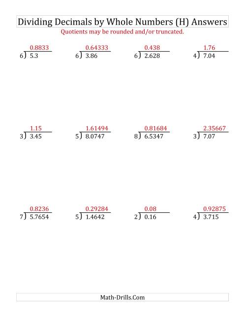The Dividing Various Decimal Places by a Whole Number (H) Math Worksheet Page 2
