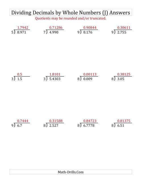 The Dividing Various Decimal Places by a Whole Number (J) Math Worksheet Page 2