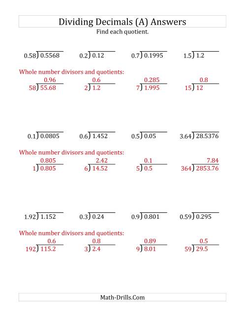 The Dividing Decimals by Various Decimals with Various Sizes of Quotients (A) Math Worksheet Page 2