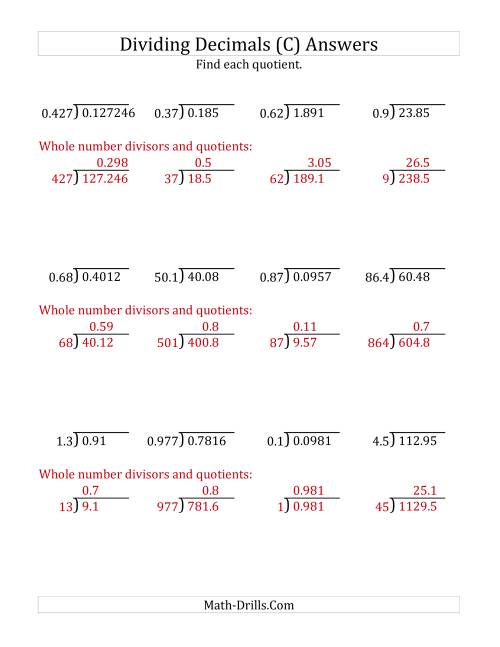 The Dividing Decimals by Various Decimals with Various Sizes of Quotients (C) Math Worksheet Page 2