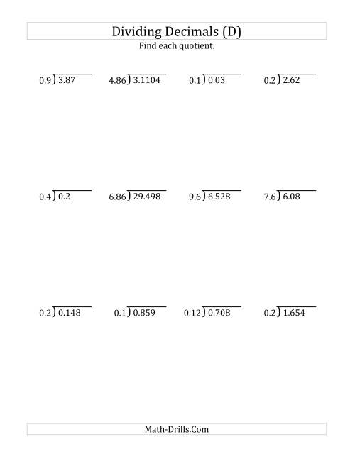 The Dividing Decimals by Various Decimals with Various Sizes of Quotients (D) Math Worksheet