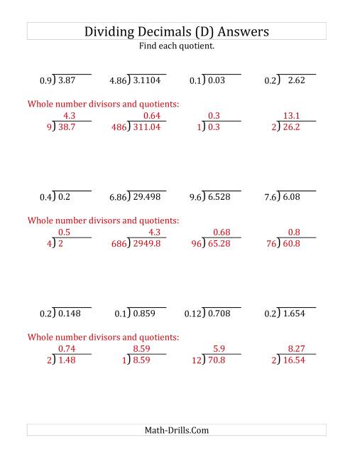 The Dividing Decimals by Various Decimals with Various Sizes of Quotients (D) Math Worksheet Page 2