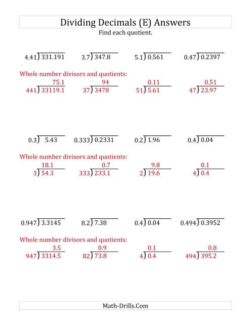 The Dividing Decimals by Various Decimals with Various Sizes of Quotients (E) Math Worksheet Page 2